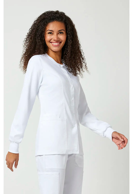 Cherokee Scrubs Women's Snap Front Warm-up Jacket White | scrub-supply.com
