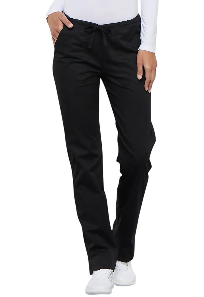 Cherokee Scrubs Mid Rise Slim Straight Drawstring Pant Black | scrub-supply.com