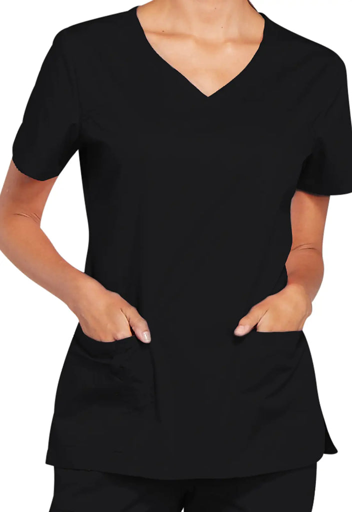 Cherokee Scrubs Stretch 3-Pocket V-Neck Top Black | scrub-supply.com