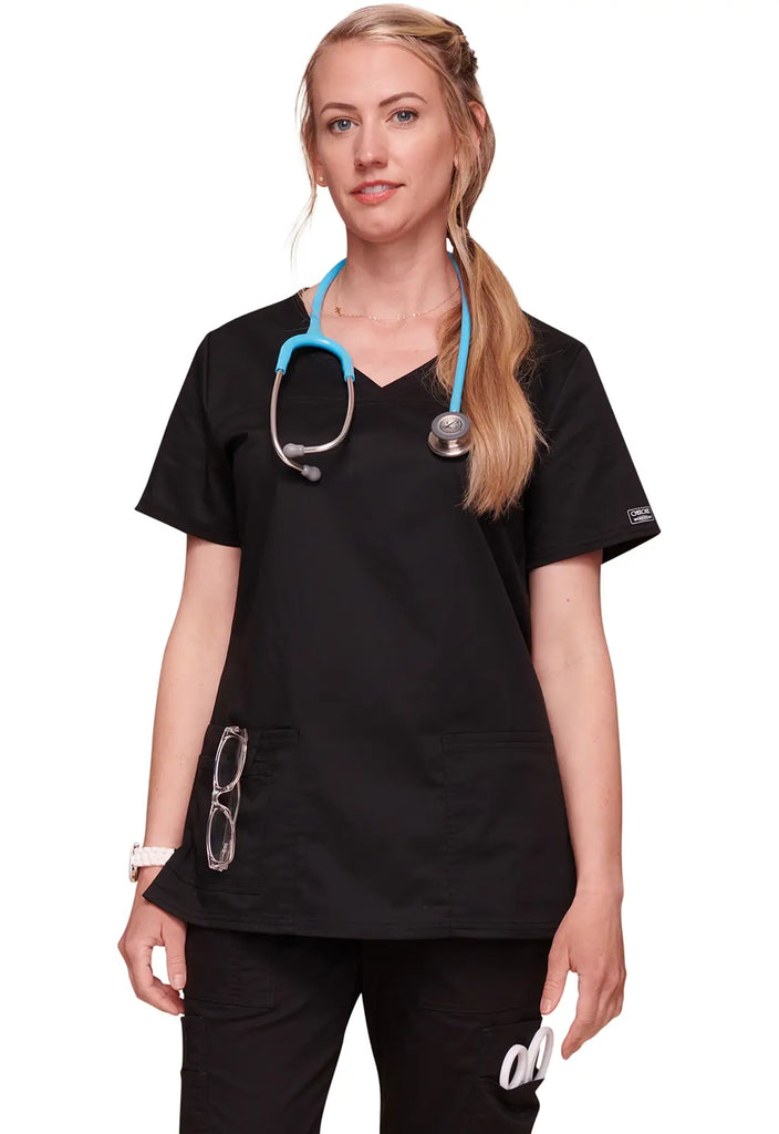 Cherokee Scrubs Women's Stretch 3-Pocket V-Neck Top Black | scrub-supply.com