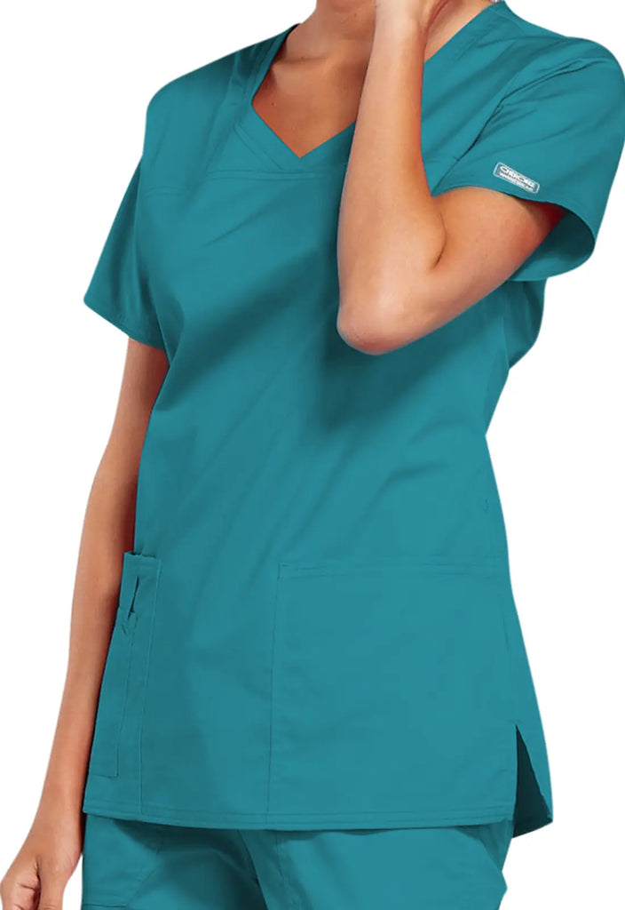 Cherokee Scrubs Stretch 3-Pocket V-Neck Top Teal | scrub-supply.com