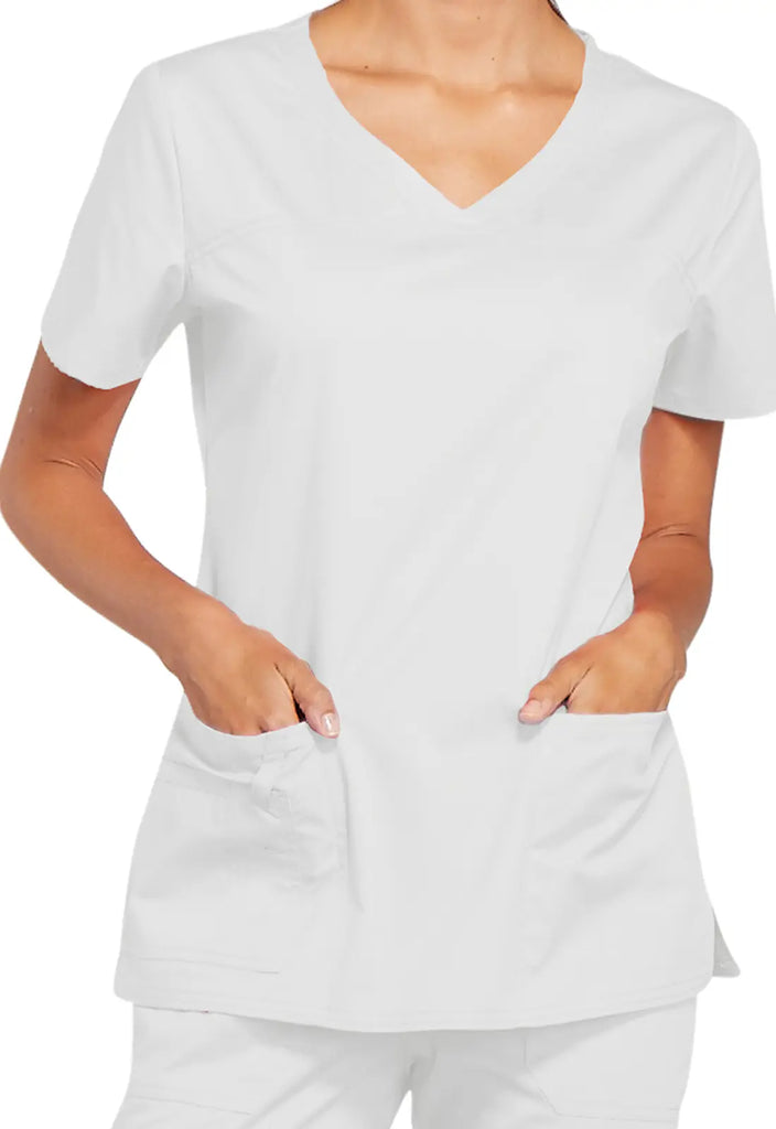 Cherokee Scrubs Stretch 3-Pocket V-Neck Top White | scrub-supply.com