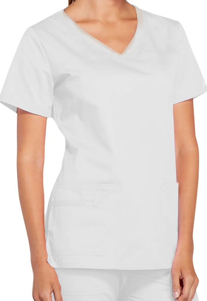 Cherokee Scrubs Stretch 3-Pocket V-Neck Top White | scrub-supply.com