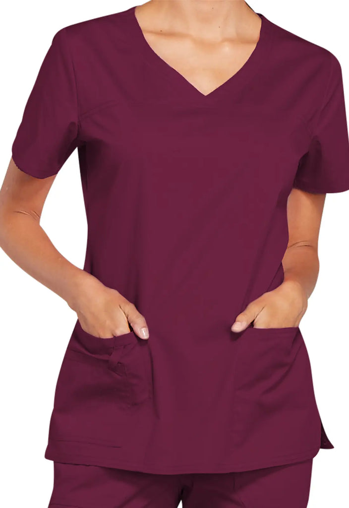 Cherokee Scrubs Stretch 3-Pocket V-Neck Top Wine | scrub-supply.com