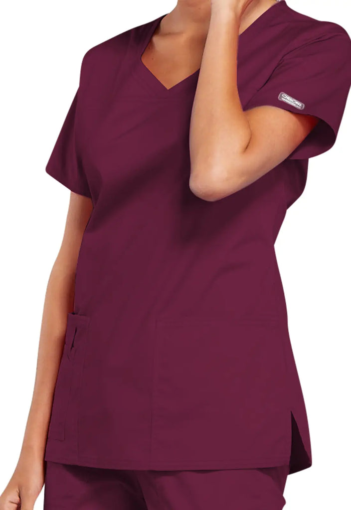 Cherokee Scrubs Stretch 3-Pocket V-Neck Top Wine | scrub-supply.com