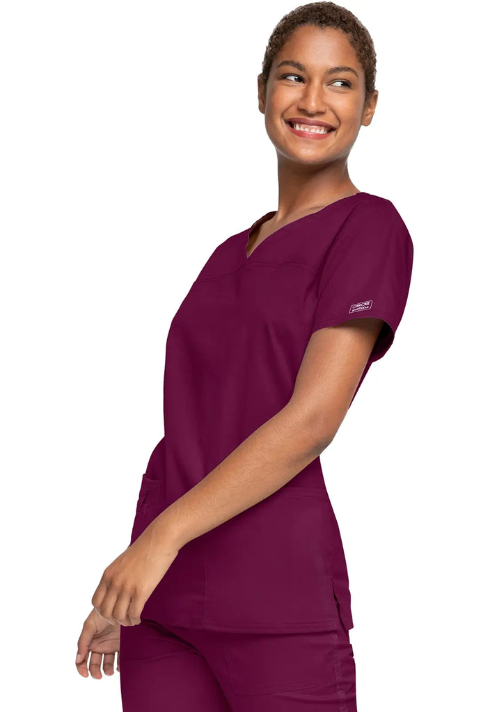 Cherokee Scrubs Women's Stretch 3-Pocket V-Neck Top Wine | scrub-supply.com