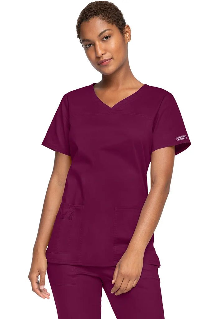 Cherokee Scrubs Women's Stretch 3-Pocket V-Neck Top Wine | scrub-supply.com