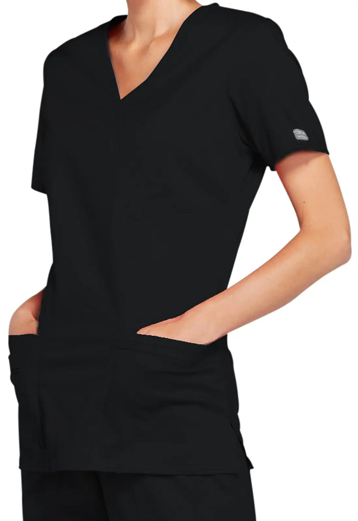 Cherokee Scrubs Stretch Mock Wrap Top Black | scrub-supply.com