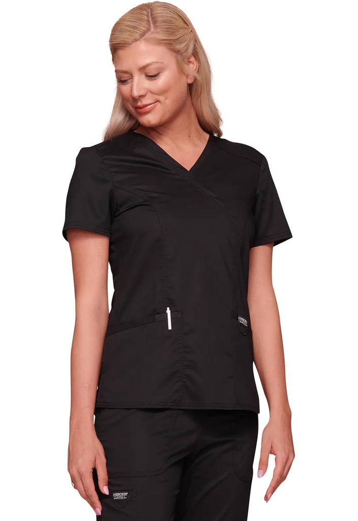 Cherokee Scrubs Women's Stretch Mock Wrap Top Black | scrub-supply.com