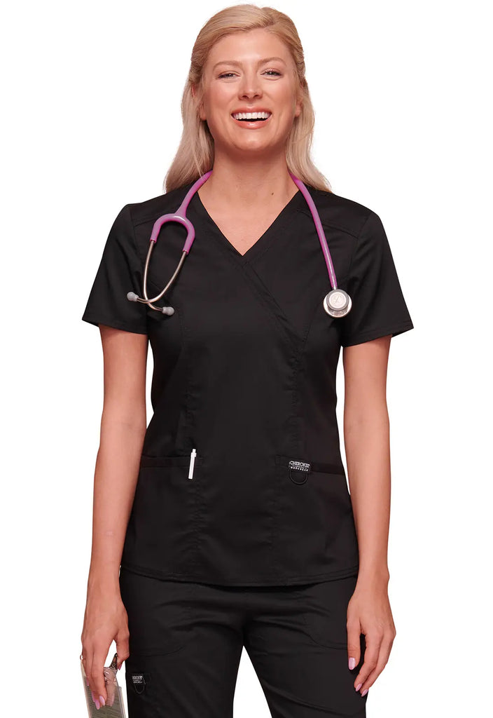 Cherokee Scrubs Women's Stretch Mock Wrap Top Black | scrub-supply.com