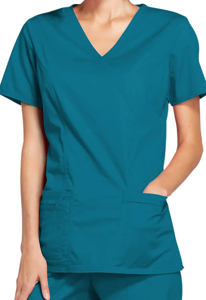 Cherokee Scrubs Stretch Mock Wrap Top Caribbean Blue | scrub-supply.com