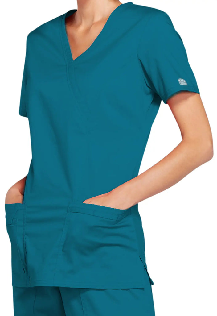 Cherokee Scrubs Stretch Mock Wrap Top Caribbean Blue | scrub-supply.com