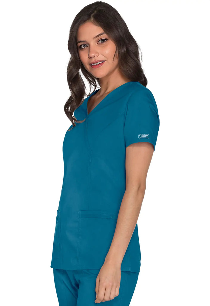 Cherokee Scrubs Women's Stretch Mock Wrap Top Caribbean Blue | scrub-supply.com