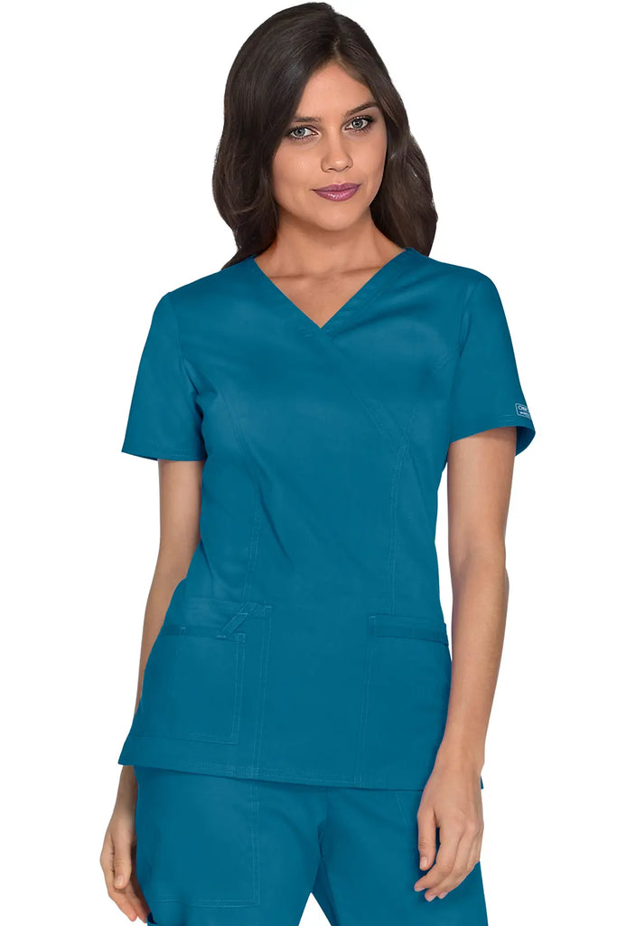 Cherokee Scrubs Women's Stretch Mock Wrap Top Caribbean Blue | scrub-supply.com