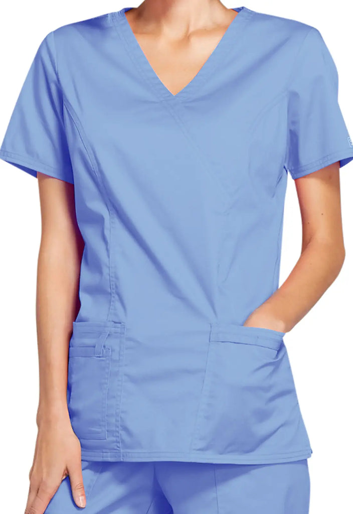 Cherokee Scrubs Stretch Mock Wrap Top Ceil Blue | scrub-supply.com