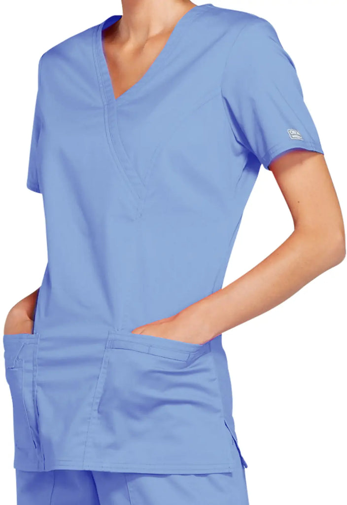 Cherokee Scrubs Stretch Mock Wrap Top Ceil Blue | scrub-supply.com