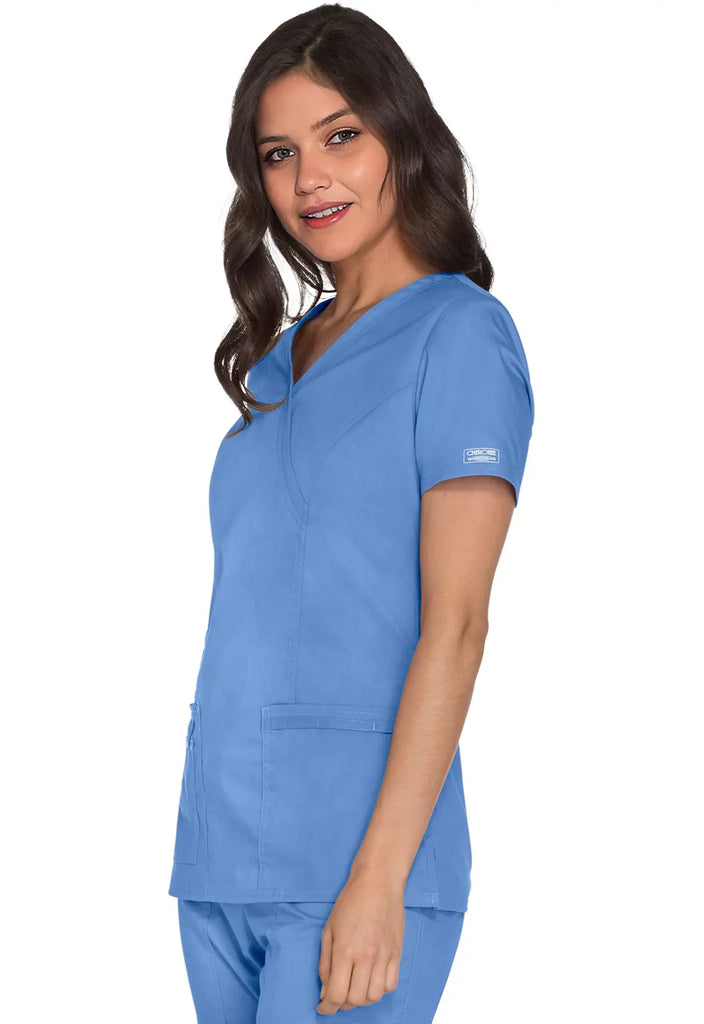 Cherokee Scrubs Women's Stretch Mock Wrap Top Ceil Blue | scrub-supply.com