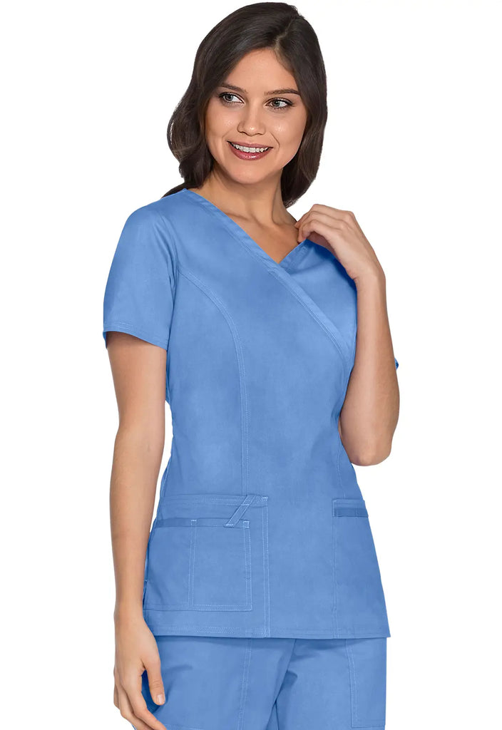 Cherokee Scrubs Women's Stretch Mock Wrap Top Ceil Blue | scrub-supply.com