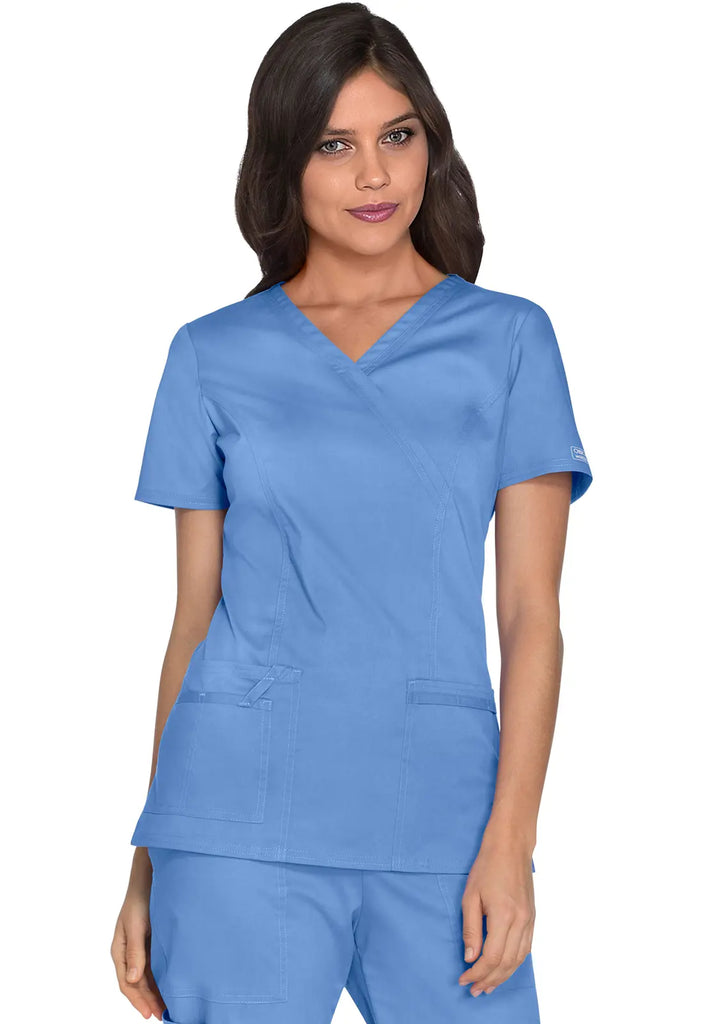 Cherokee Scrubs Women's Stretch Mock Wrap Top Ceil Blue | scrub-supply.com