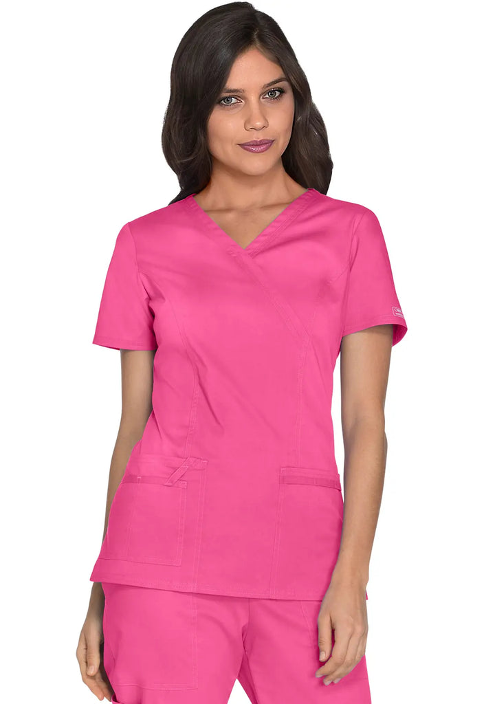 Cherokee Scrubs Women's Stretch Mock Wrap Top Shocking Pink | scrub-supply.com