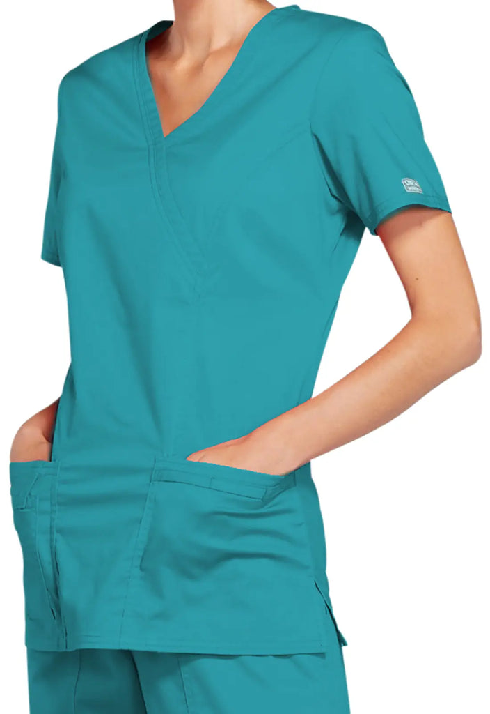 Cherokee Scrubs Stretch Mock Wrap Top Teal | scrub-supply.com