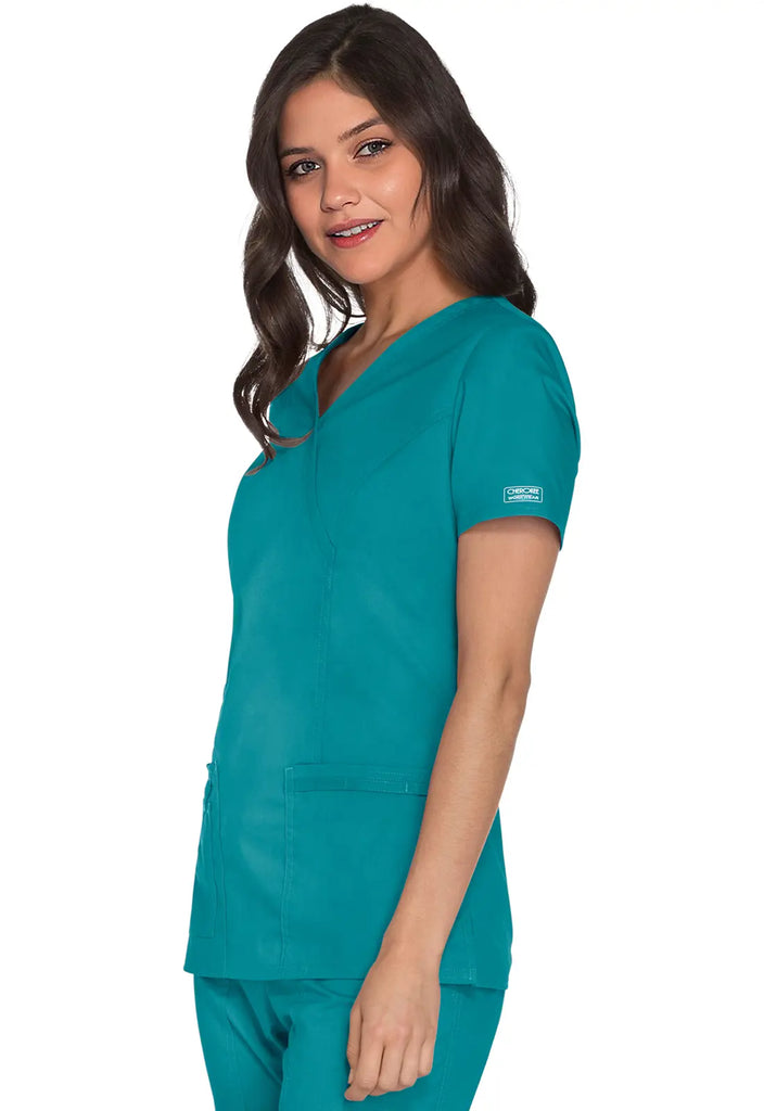 Cherokee Scrubs Women's Stretch Mock Wrap Top Teal | scrub-supply.com