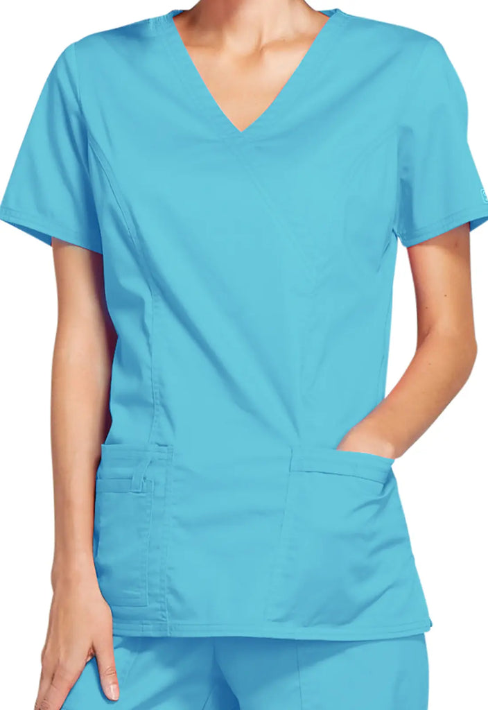 Cherokee Scrubs Stretch Mock Wrap Top Turquoise | scrub-supply.com