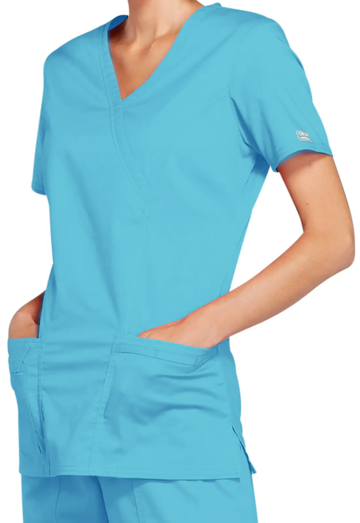 Cherokee Scrubs Stretch Mock Wrap Top Turquoise | scrub-supply.com