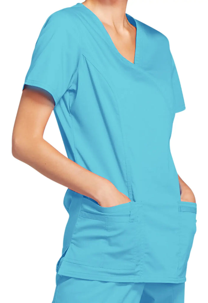 Cherokee Scrubs Stretch Mock Wrap Top Turquoise | scrub-supply.com