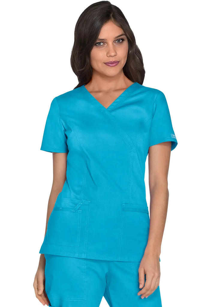 Cherokee Scrubs Women's Stretch Mock Wrap Top Turquoise | scrub-supply.com