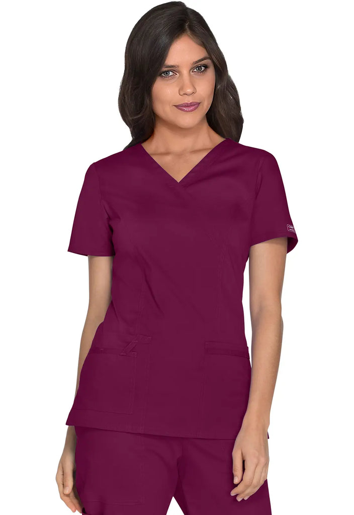 Cherokee Scrubs Women's Stretch Mock Wrap Top Wine | scrub-supply.com