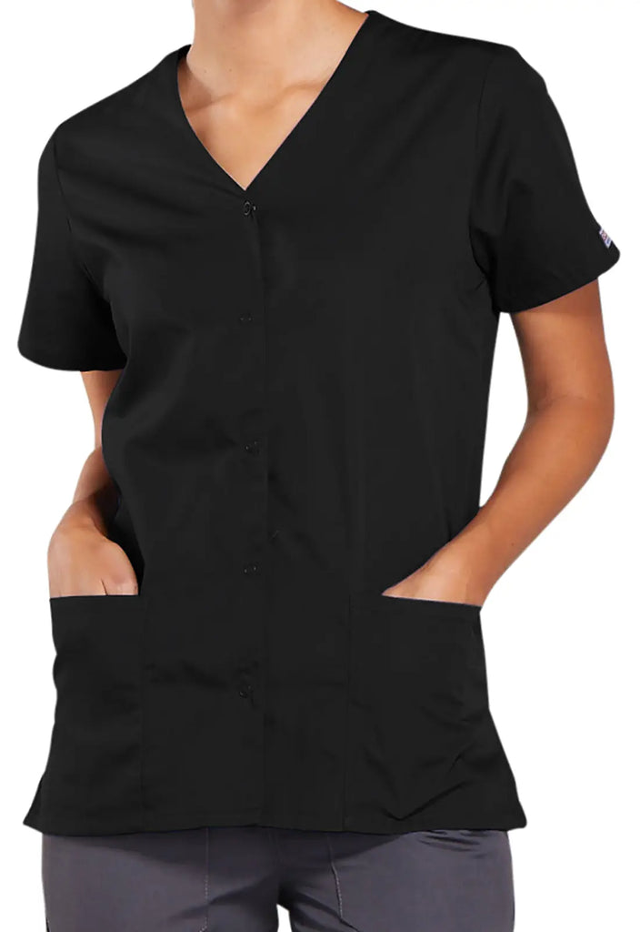 Cherokee Scrubs Women's Snap Front V-Neck Top Black | scrub-supply.com