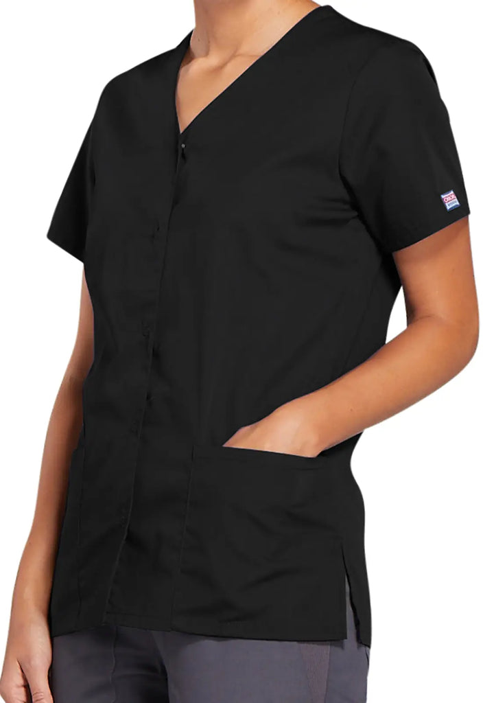 Cherokee Scrubs Snap Front V-Neck Top Black | scrub-supply.com