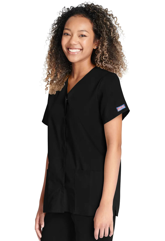 Cherokee Scrubs Women's Snap Front V-Neck Top Black | scrub-supply.com