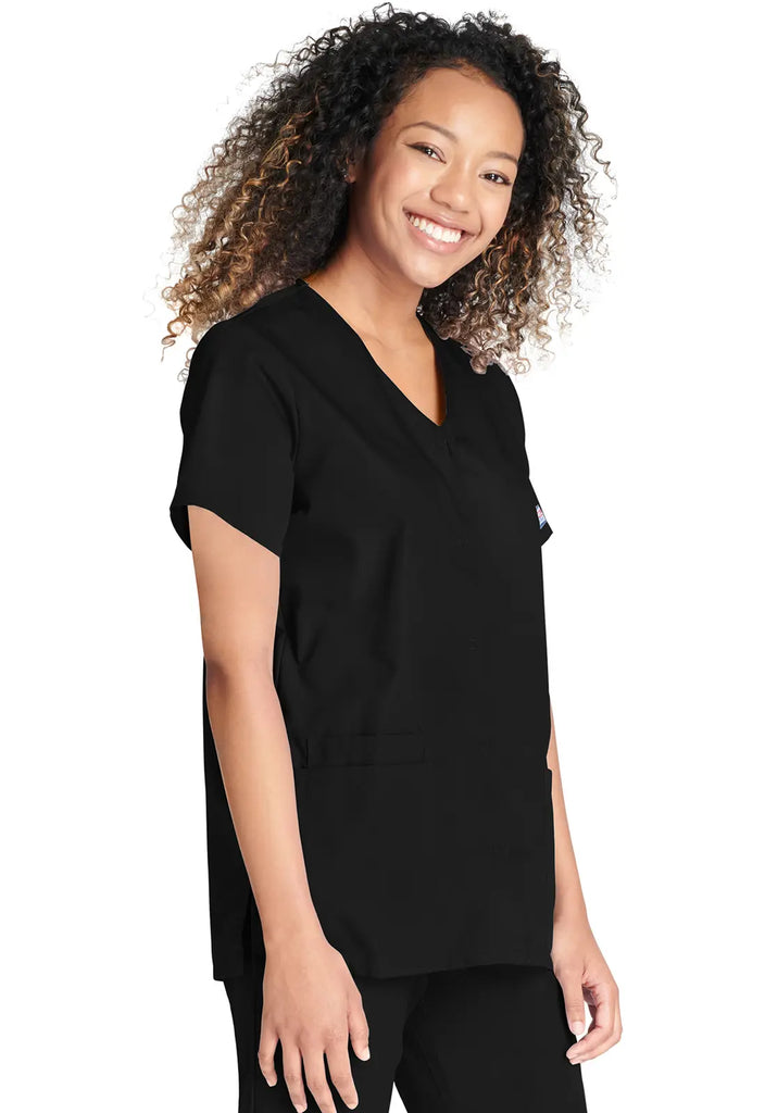 Cherokee Scrubs Women's Snap Front V-Neck Top Black | scrub-supply.com