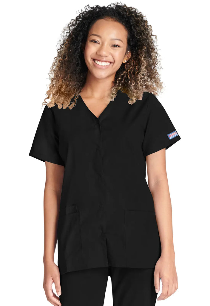 Cherokee Scrubs Women's Snap Front V-Neck Top Black | scrub-supply.com