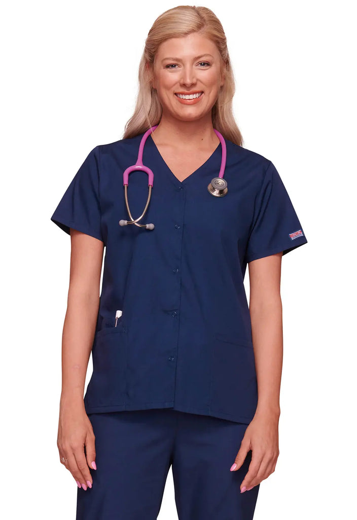 Cherokee Scrubs Women's Snap Front V-Neck Top Navy | scrub-supply.com