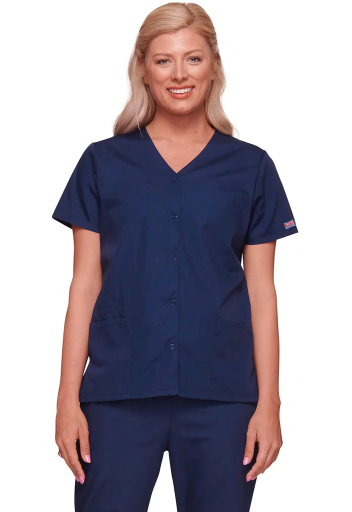 Cherokee Scrubs Women's Snap Front V-Neck Top Navy | scrub-supply.com