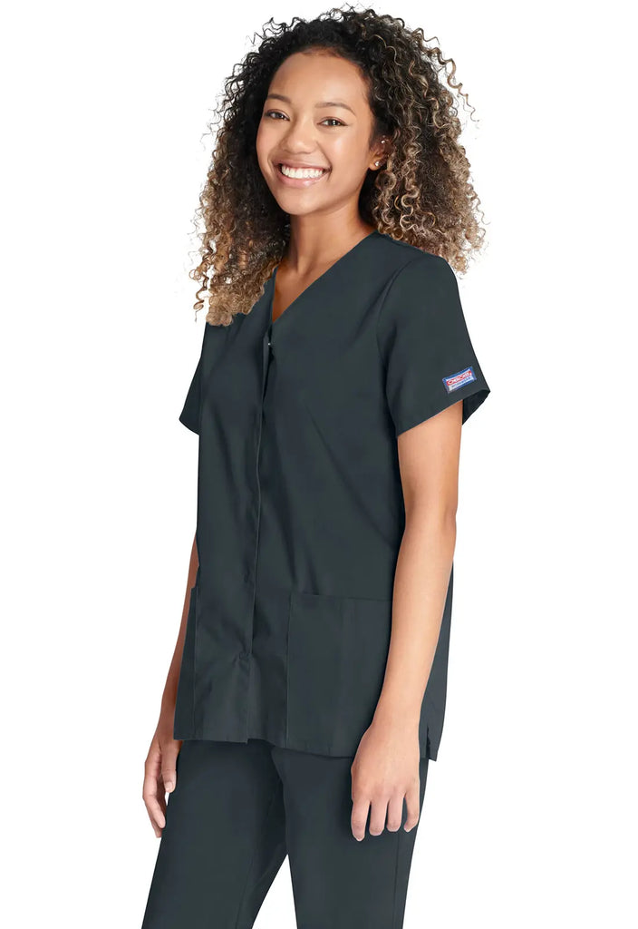 Cherokee Scrubs Women's Snap Front V-Neck Top Pewter | scrub-supply.com