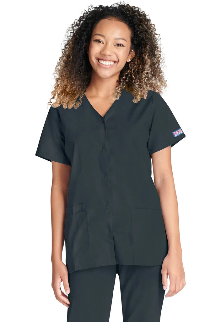 Cherokee Scrubs Women's Snap Front V-Neck Top Pewter | scrub-supply.com