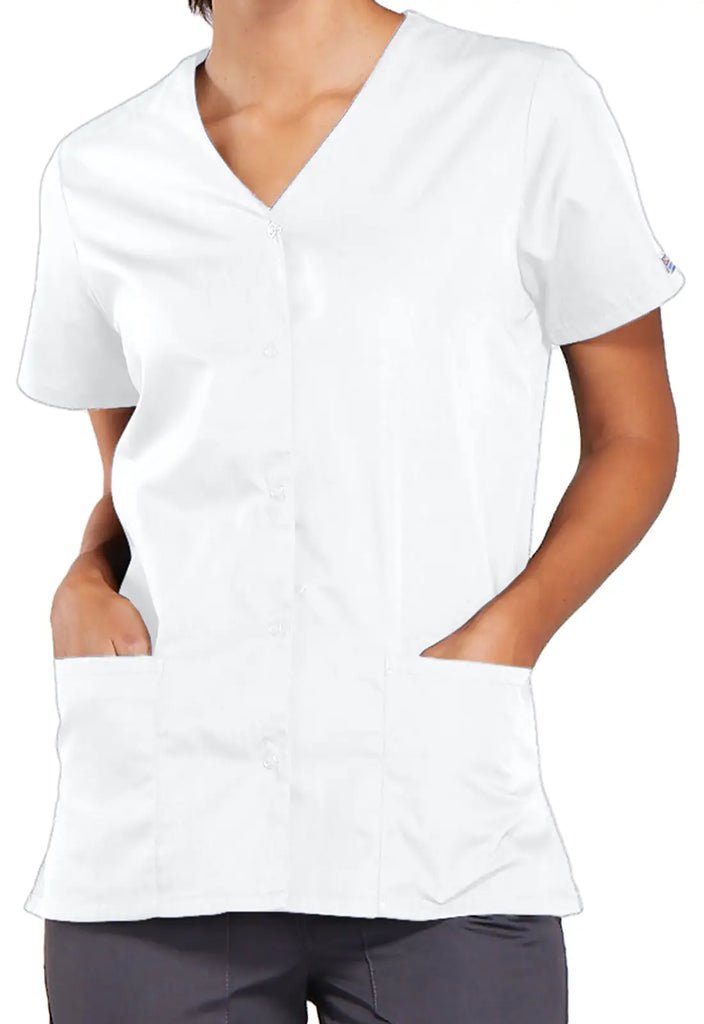 Cherokee Scrubs Women's Snap Front V-Neck Top White | scrub-supply.com