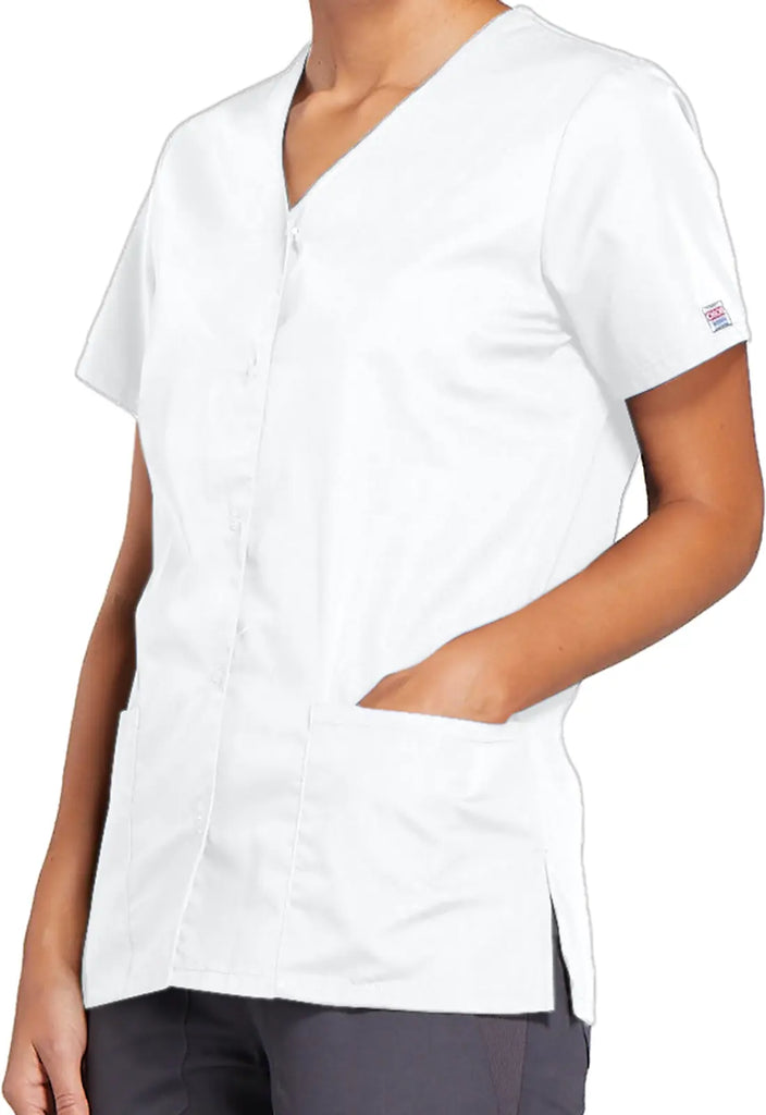 Cherokee Scrubs Women's Snap Front V-Neck Top White | scrub-supply.com