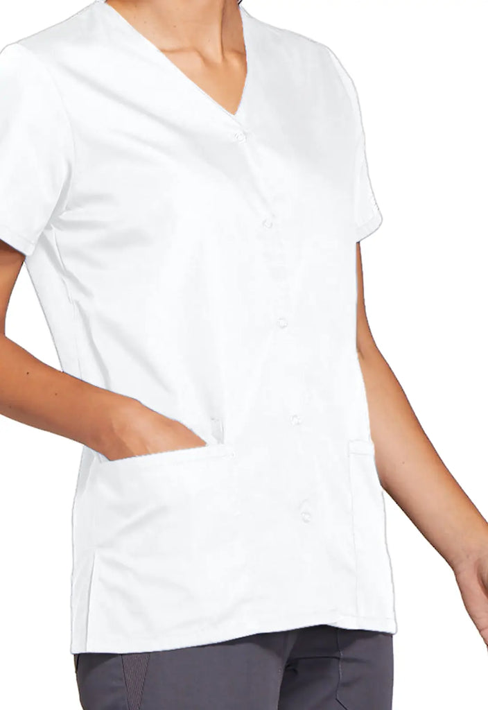 Cherokee Scrubs Snap Front V-Neck Top White | scrub-supply.com