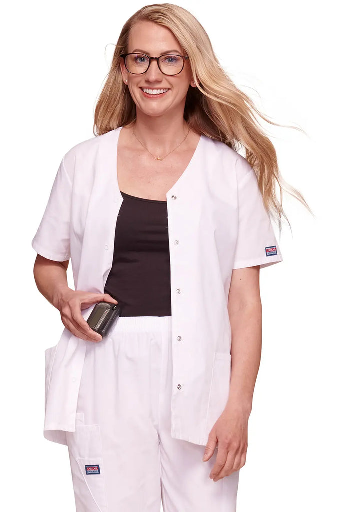 Cherokee Scrubs Women's Snap Front V-Neck Top White | scrub-supply.com