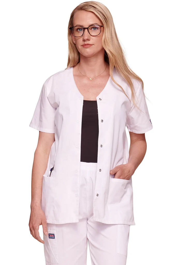 Cherokee Scrubs Women's Snap Front V-Neck Top White | scrub-supply.com