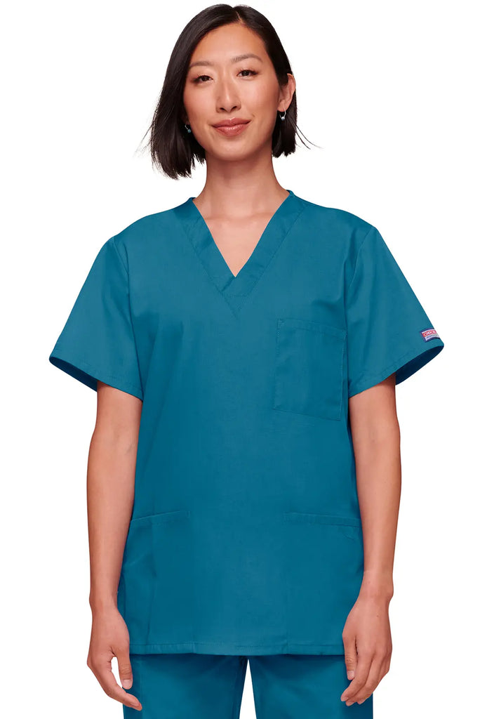 Cherokee Scrubs Unisex 3-pocket V-Neck Top Caribbean Blue | scrub-supply.com