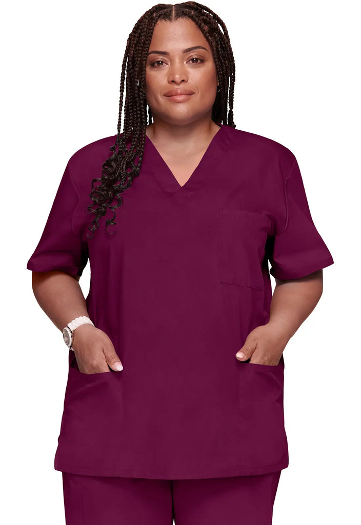 Cherokee Scrubs 3-pocket Unisex V-Neck Top Wine | scrub-supply.com