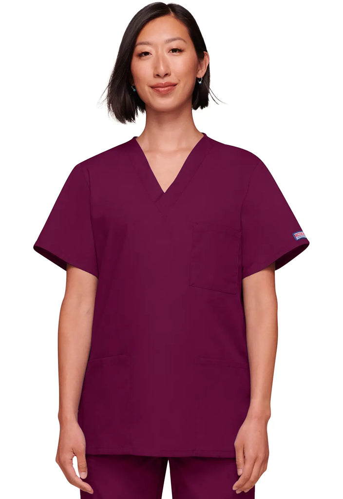 Cherokee Scrubs Unisex 3-pocket V-Neck Top Wine | scrub-supply.com