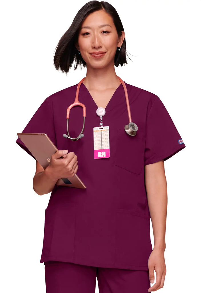 Cherokee Scrubs Unisex 3-pocket V-Neck Top Wine | scrub-supply.com