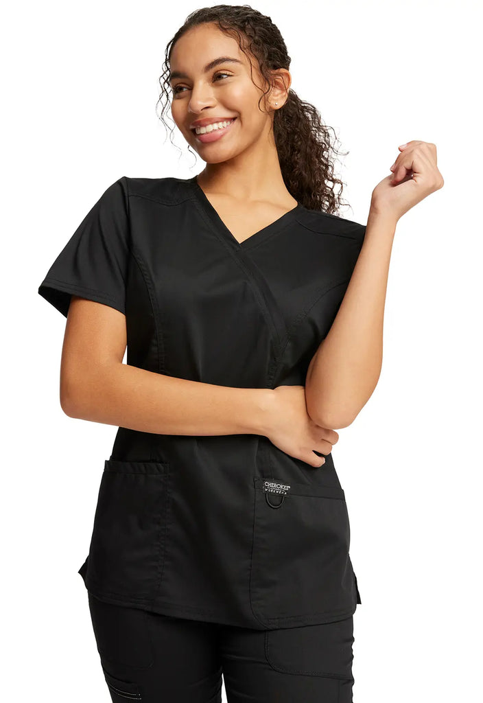 Cherokee Scrubs 3-Pocket Mock Wrap Top Black | scrub-supply.com